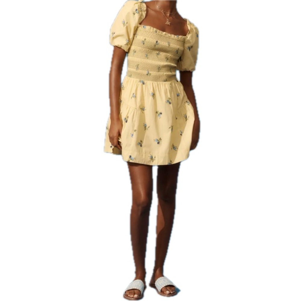 Anthropologie Yellow Floral Cotton Puff Sleeve Mini Dress XS Square Neck EUC